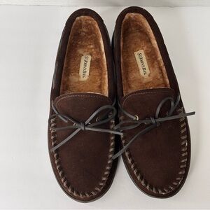 St. Johns Bay Moccasin Slippers Mens 9 M Brown Suede Leather Faux Fur Loafers